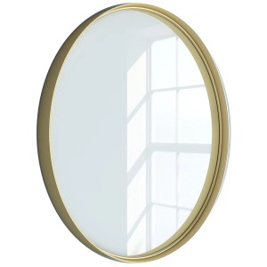 Runder Spiegel, Ø 60 cm, goldener Metallrahmen, glänzende Optik.