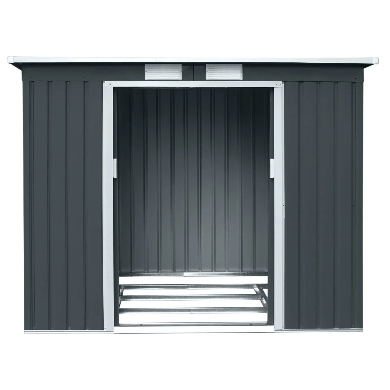 Dunkelgraues Hattoro P100 Metall Gerätehaus mit Pultdach und Bodenrahmen, offene Schiebetür.