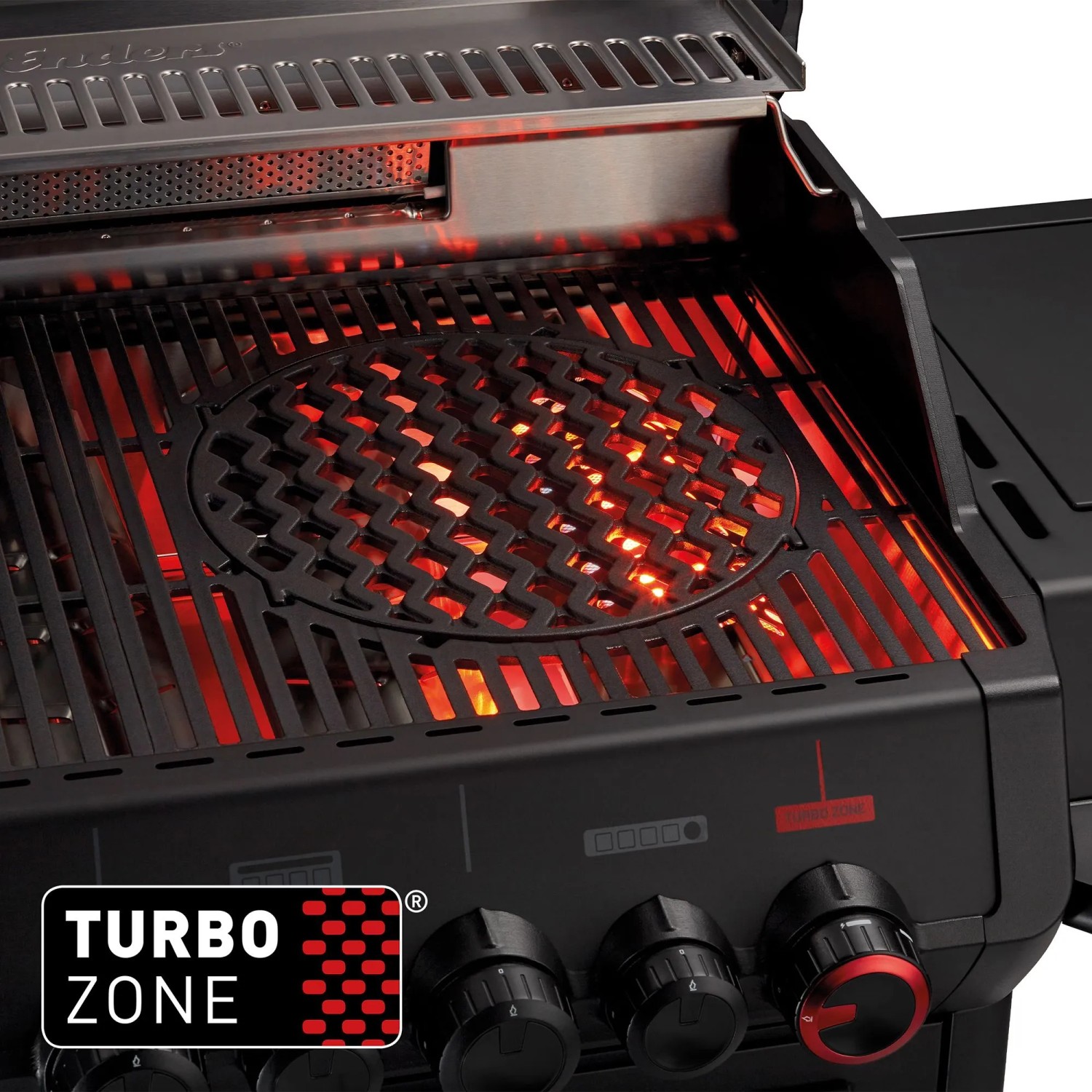 Enders Gasgrill Monroe Pro 4 SIKR Turbo Shadow mit Turbo Zone im Betrieb.