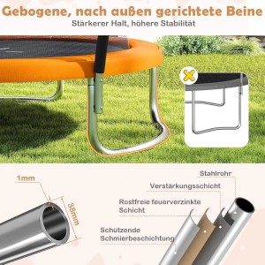 Gebogene, orangefarbene Beine eines Outdoor-Trampolins auf Gras; Detail des stabilen, feuerverzinkten Metallrahmens.