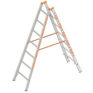 Layher Topic Sprossenstehleiter 2x7 Sprossen, silberfarben, mit orangefarbenen Details.