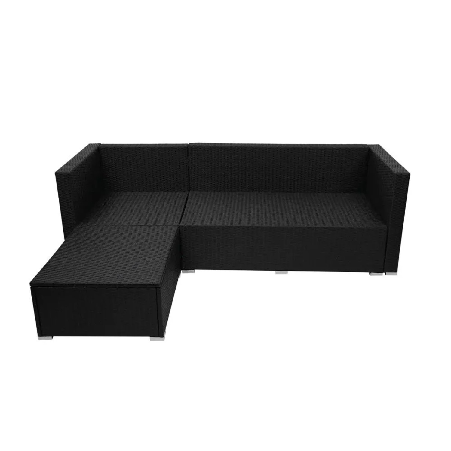 Schwarze Poly-Rattan Gartenlounge in L-Form, Teil eines Gartenmöbel-Sets. Robustes Flechtwerk für Terrasse & Balkon.