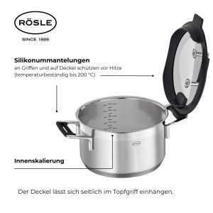 RÖSLE Silence Pro Edelstahl Kochtopf mit Innenskalierung, Silikongriffen und Deckel mit Abgießfunktion. Induktion.