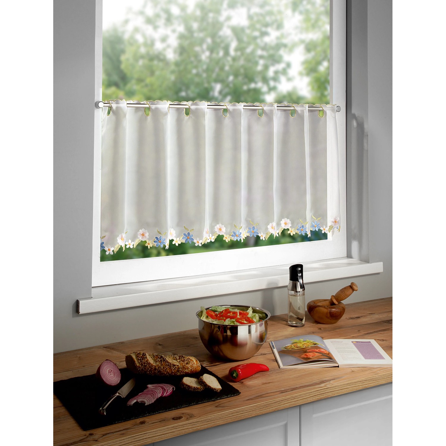 Neusser Collection Panneau Olivia, weiß-blauer Fenstervorhang mit floralem Muster, 45x135 cm.