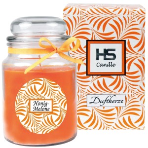 HS Candle Duftkerze im Glas mit Honigmelonen-Duft, verziert mit Schleife.