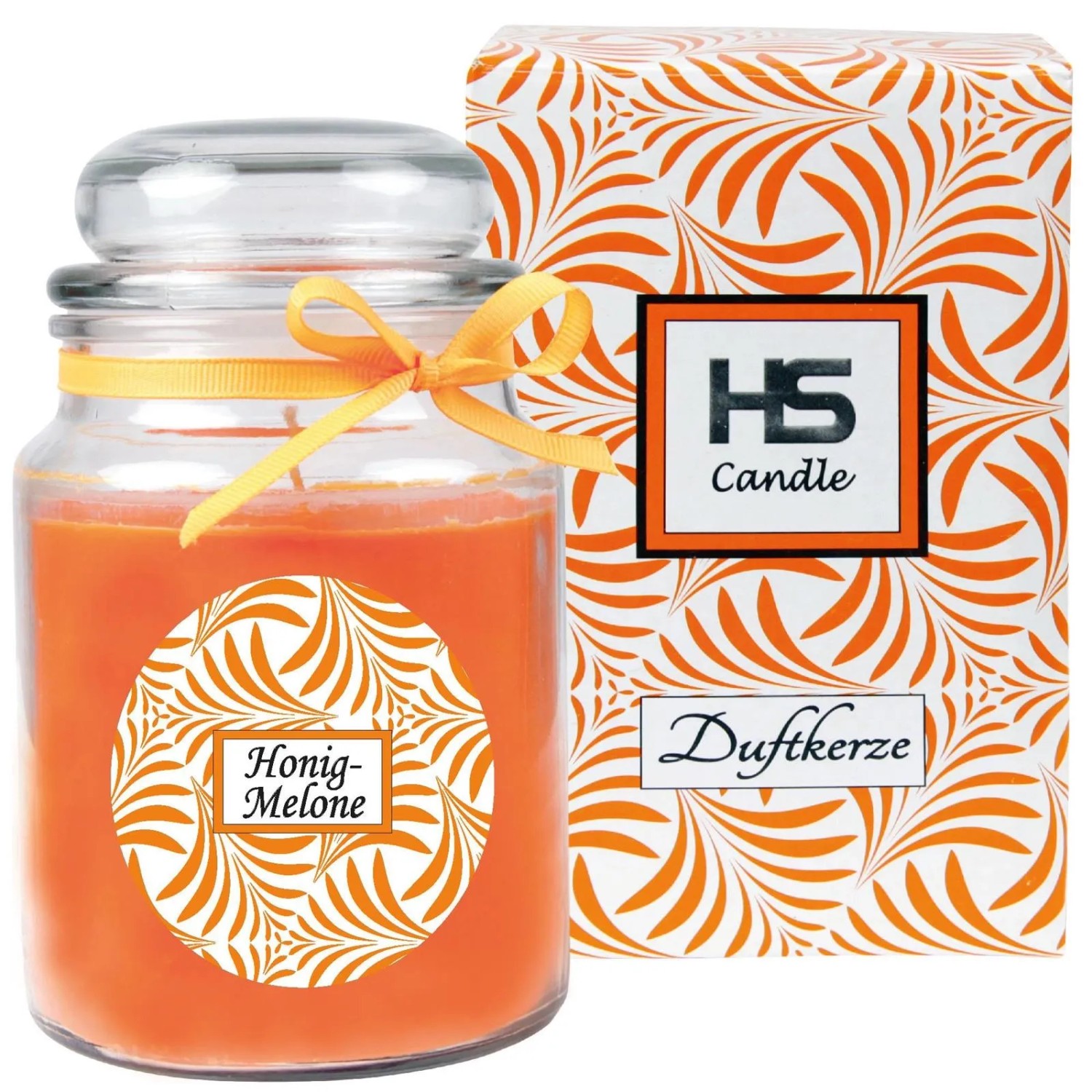 HS Candle Duftkerze im Glas mit Honigmelonen-Duft, verziert mit Schleife.
