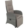 Grauer Relaxsessel Salerno (2er-Set) aus Polyrattan mit verstellbarer Rückenlehne und Fußstütze.