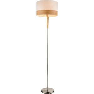 Stehleuchte CHIPSY in Nickel matt-Beige mit Holz- und Textilschirm, 170 cm hoch.