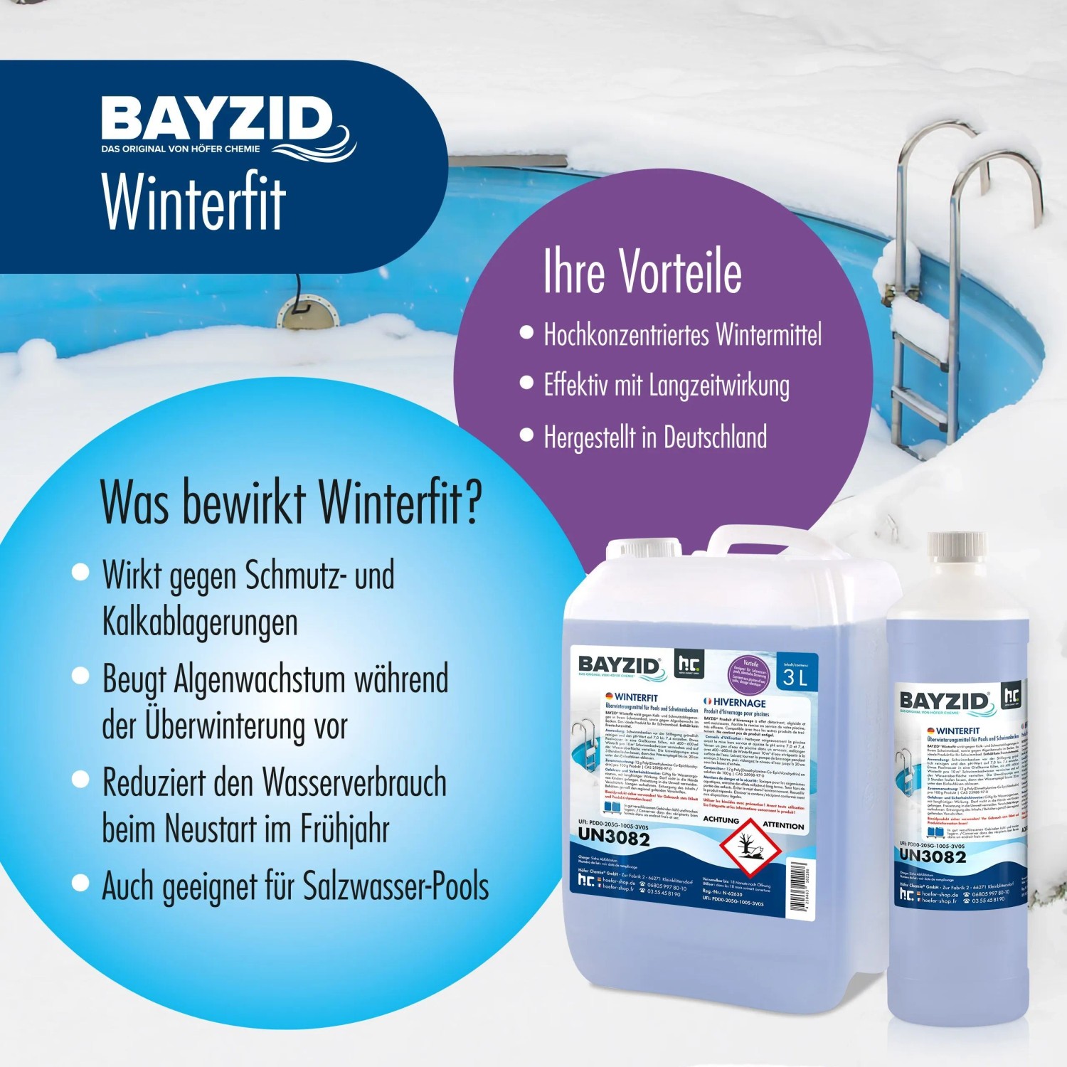 Bayzid Winterfit Überwinterungsmittel, 2 Kanister vor verschneitem Pool. Pool Reiniger für die Überwinterung.