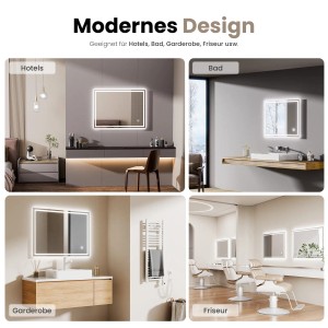 Emke Badspiegel mit LED-Beleuchtung in verschiedenen Umgebungen: Bad, Hotel, Friseur.