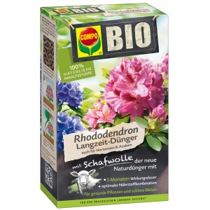 Packung Compo Bio Rhododendron Langzeit-Dünger mit Schafwolle für üppige Blüten.
