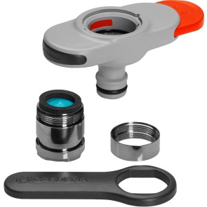Gardena Hahnverbinder für Indoor-Wasserhähne, Set mit Adaptern und Schlüssel für den Anschluss von Gartenschläuchen.