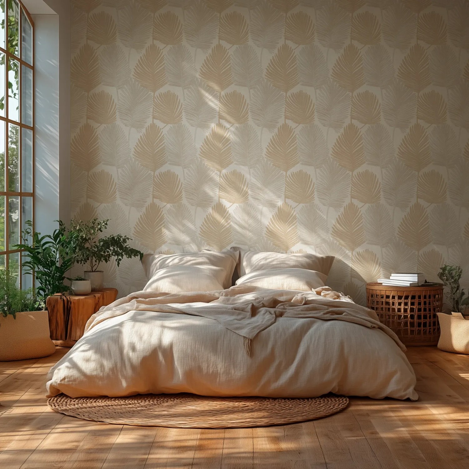 Schlafzimmer mit A.S. Creation Vliestapete Floral Blätter in Creme. Dekorative Tapete mit Blätter-Muster.
