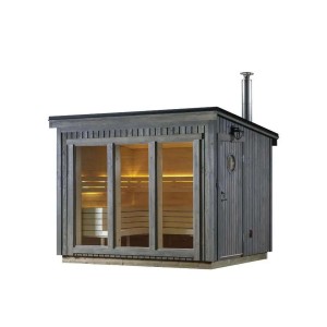 Polhus Gartensauna Oscar, naturbelassen, mit Panoramafenster und Schornstein.