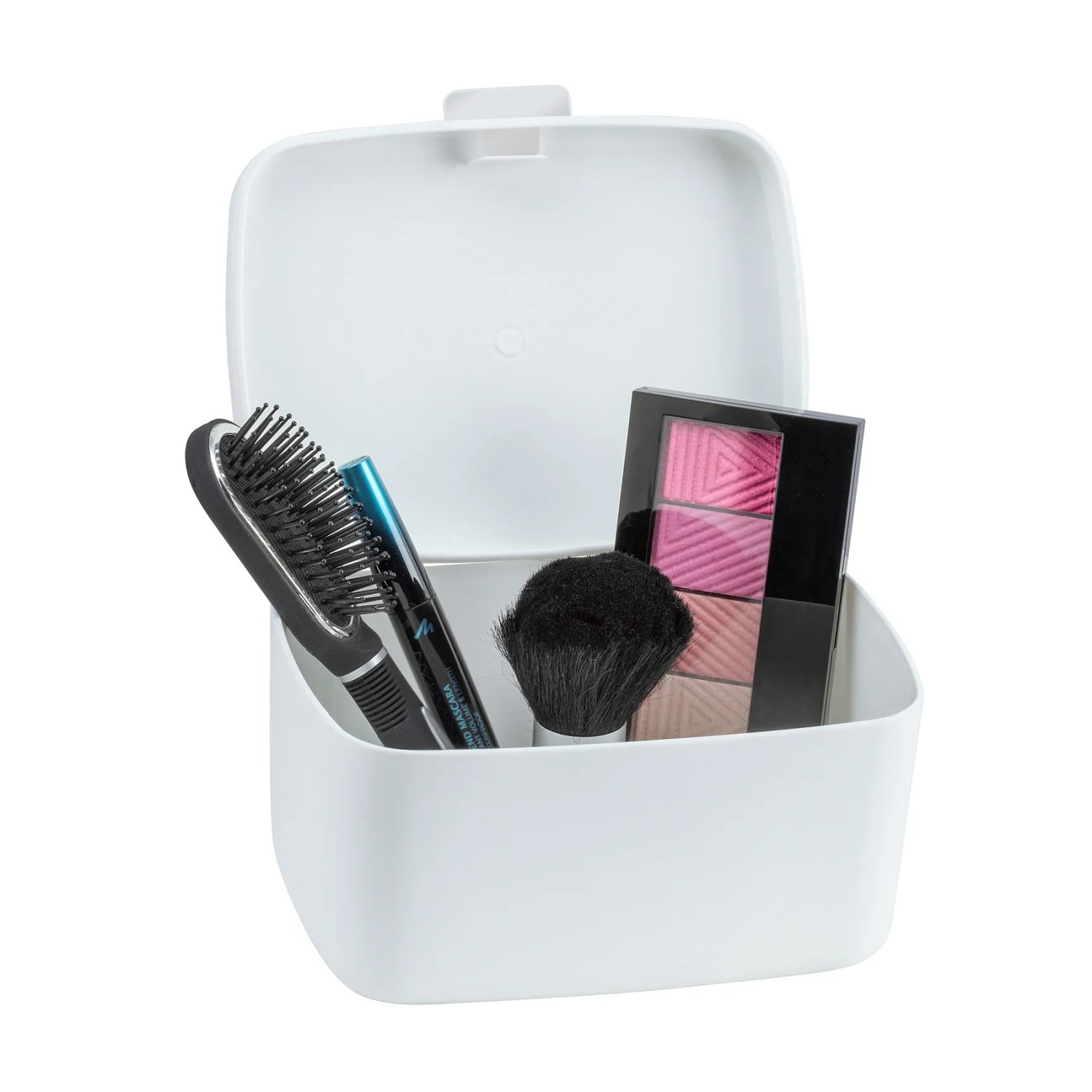 Weiße Wenko Badbox Barcelona mit Deckel, gefüllt mit Badutensilien.