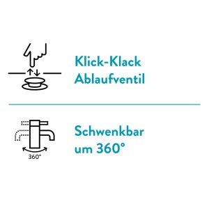 Icons: Klick-Klack Ablaufventil und 360° schwenkbarer Auslauf für baliv Waschtischarmatur.
