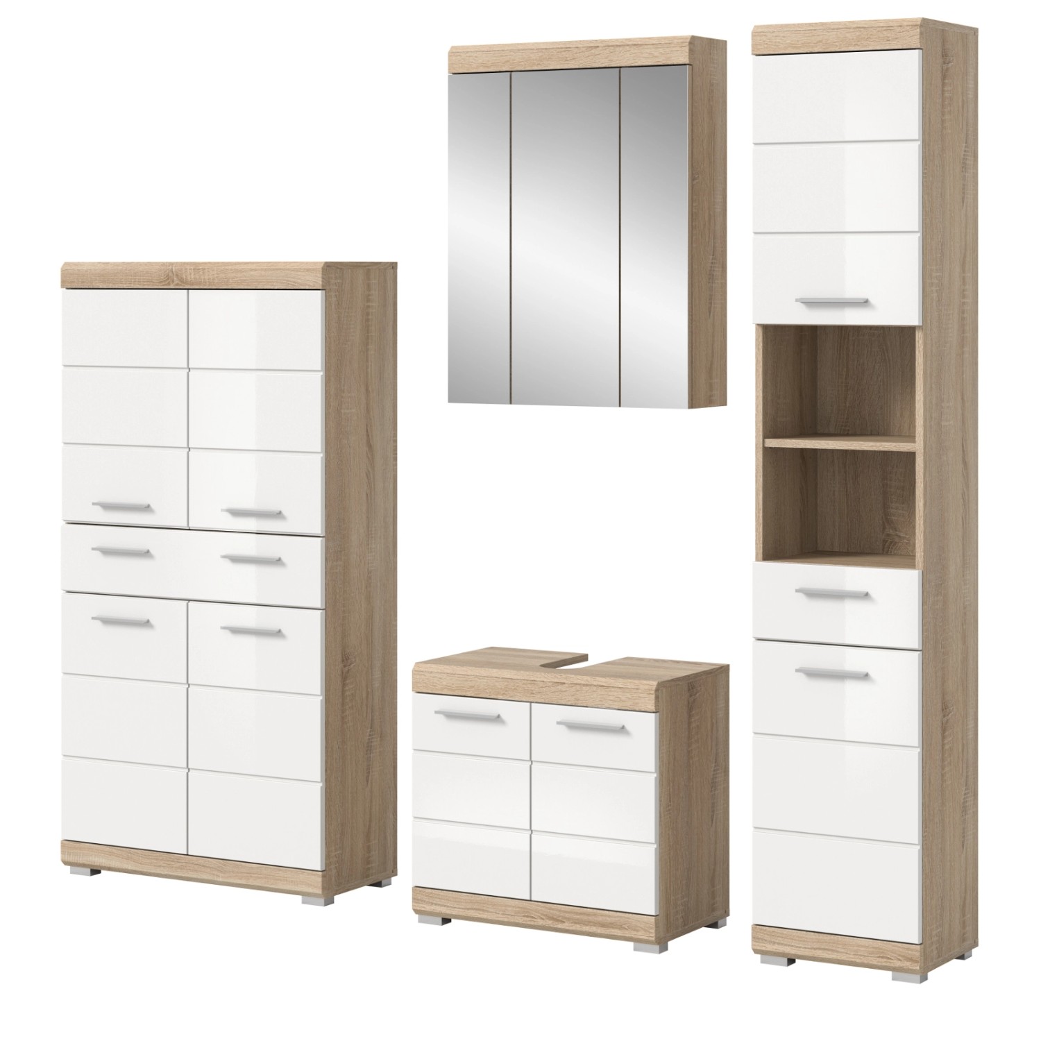 Inn.Furn Badmöbel Set 4-teilig in Weiß Hochglanz und Eiche 186 cm Mambo günstig online kaufen