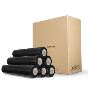 6 Rollen schwarze Stretchfolie (300m) für Versand und Verpackung, vor einem Karton.