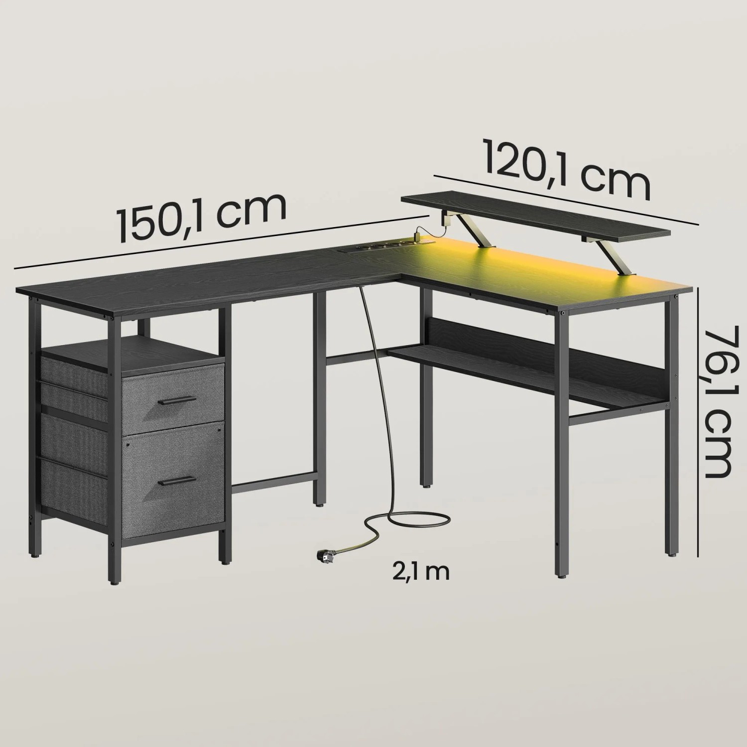 Schwarzer Songmics Schreibtisch Brandon mit Schubladen, Steckdosen und LED-Beleuchtung.