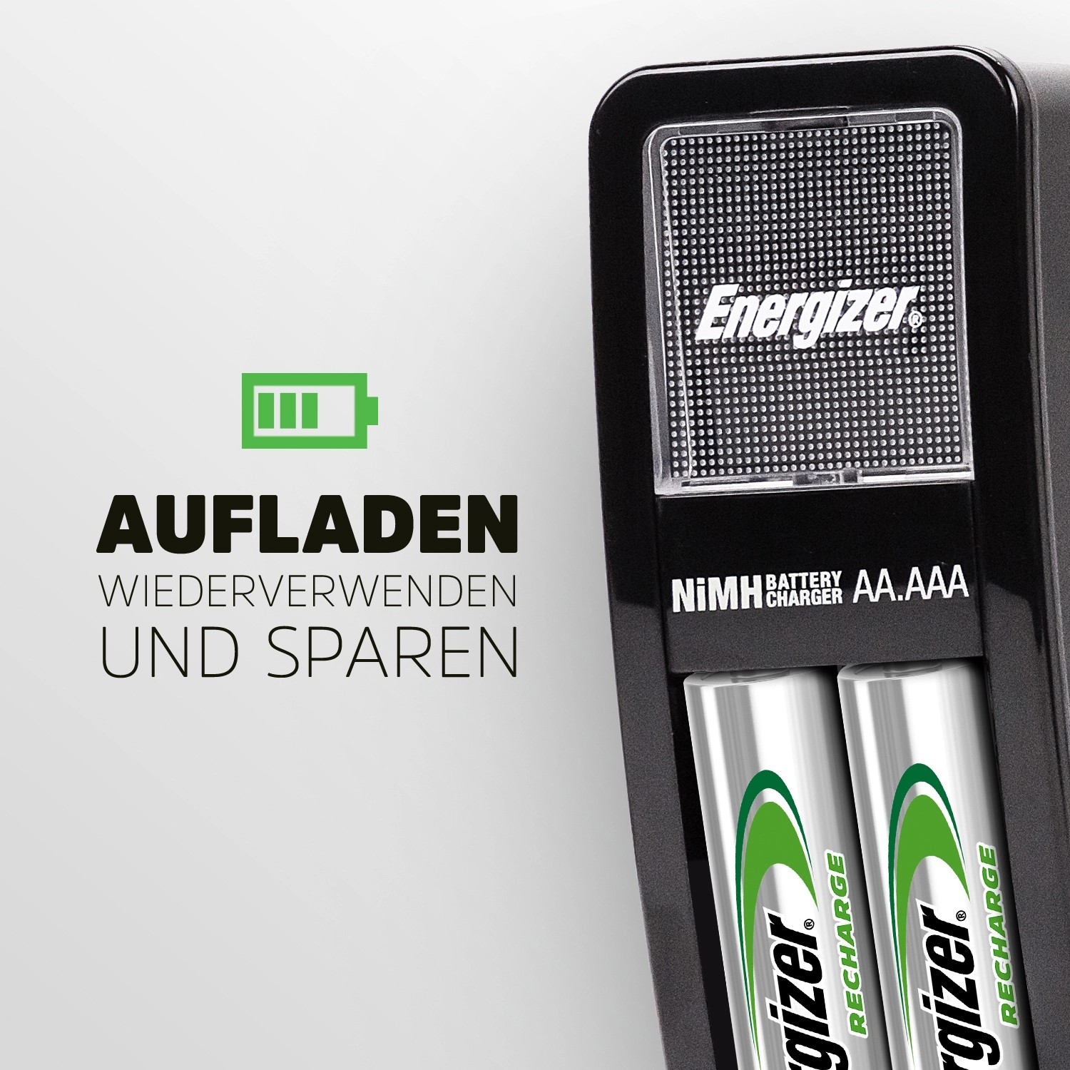 Energizer Mini Ladegerät mit 2 AA Akkus. Akku-Ladegerät für AA/AAA Akkus, ideal für Reisen.