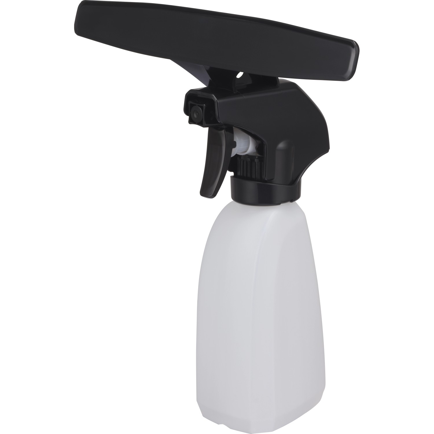 Sprühflasche, Teil des Akku-Fenstersauger Sets, mit schwarzem Sprühkopf und transparentem Behälter.