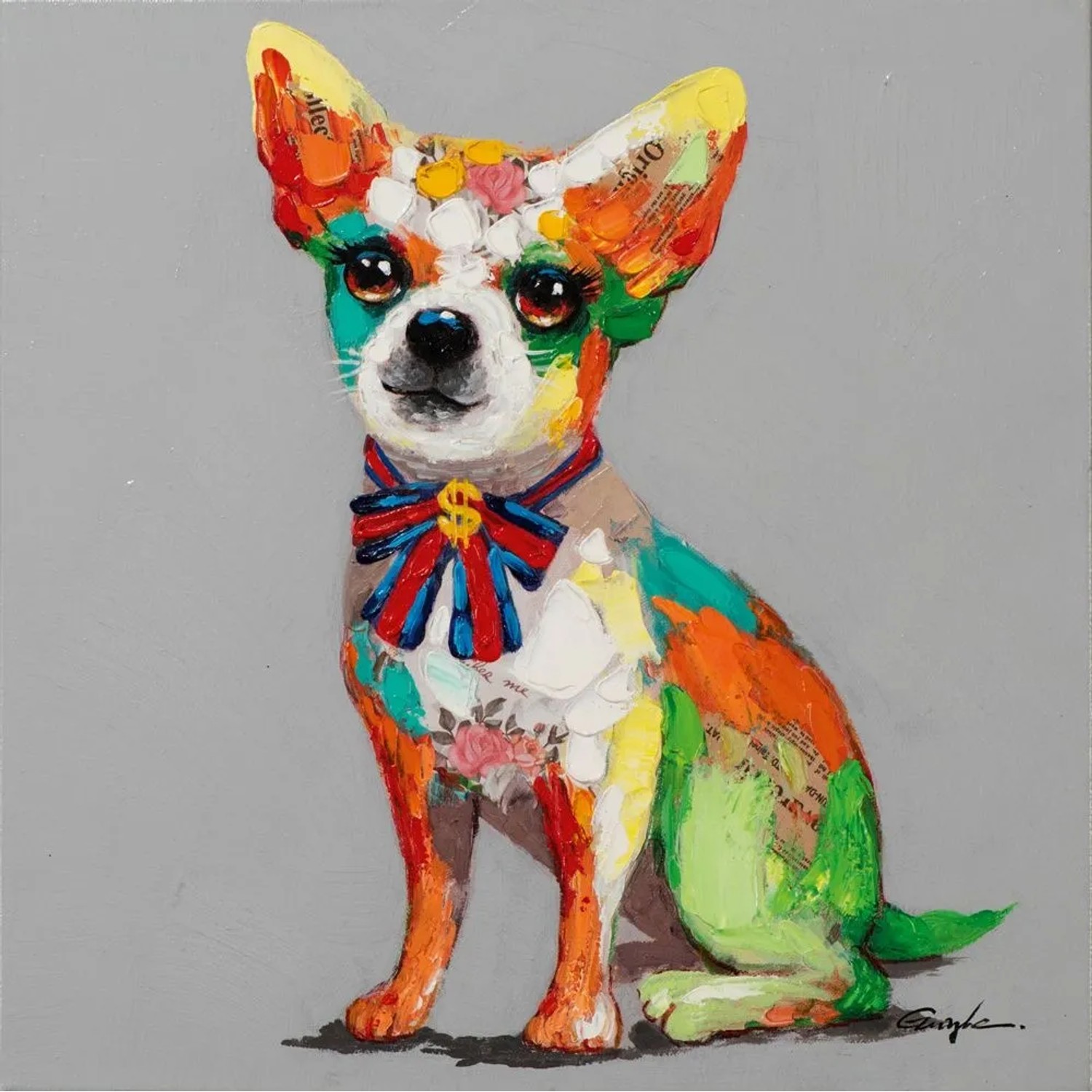 Art Universe Leinwandbild Bunter Chihuahua mit Schleife 50 x 50 cm
