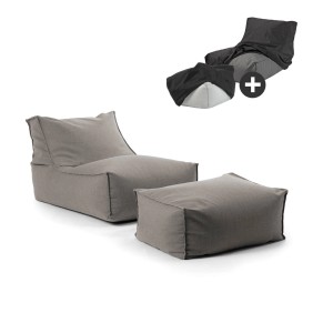 mokebo Outdoor Sitzsack mit Hocker und Schutzhülle in Steingrau. Gartenstuhl-Set für Terrasse und Balkon.