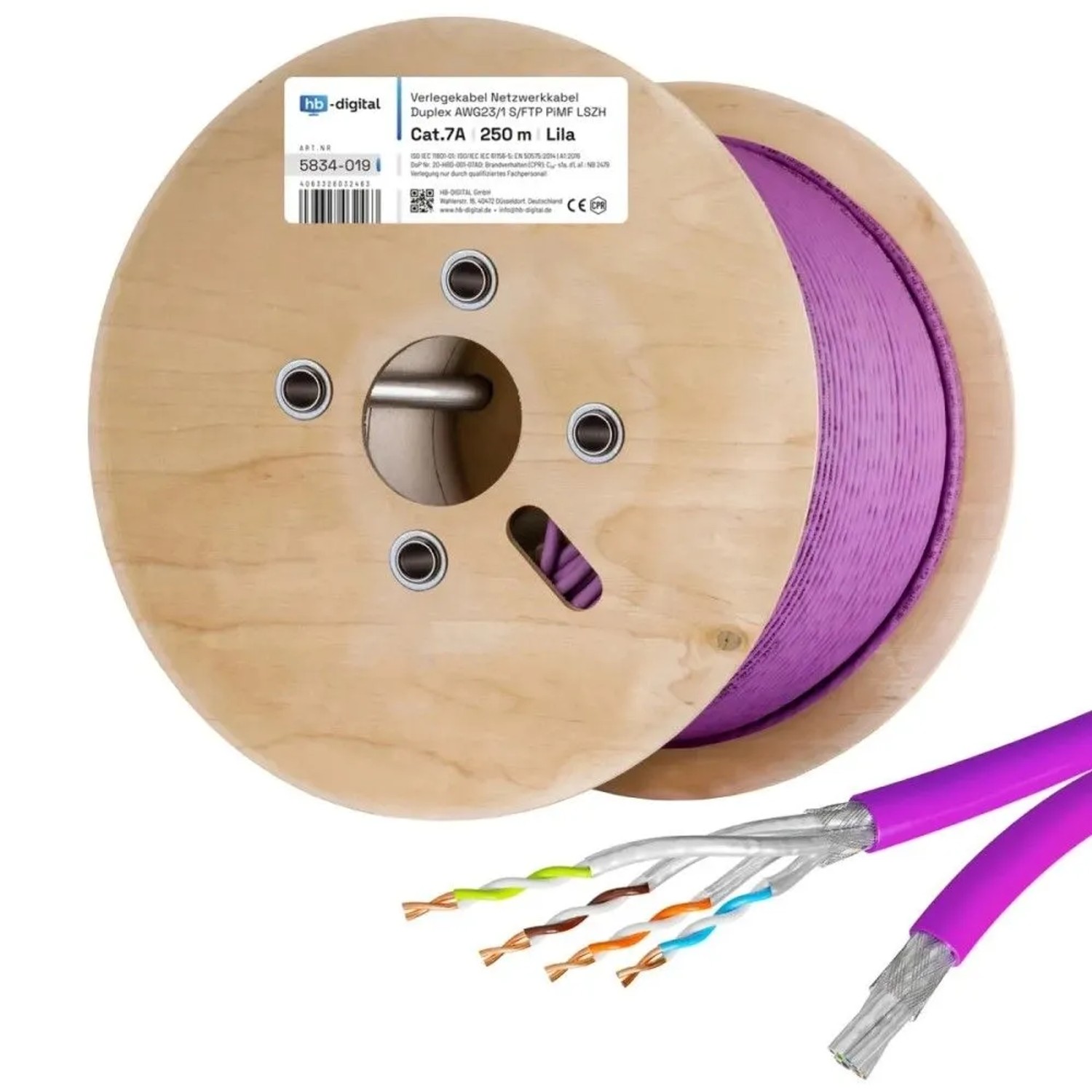 hb-digital CAT 7a Verlegekabel Duplex Installationskabel max. 1200 MHz S/FTP AWG23 LSZH 250m Lila