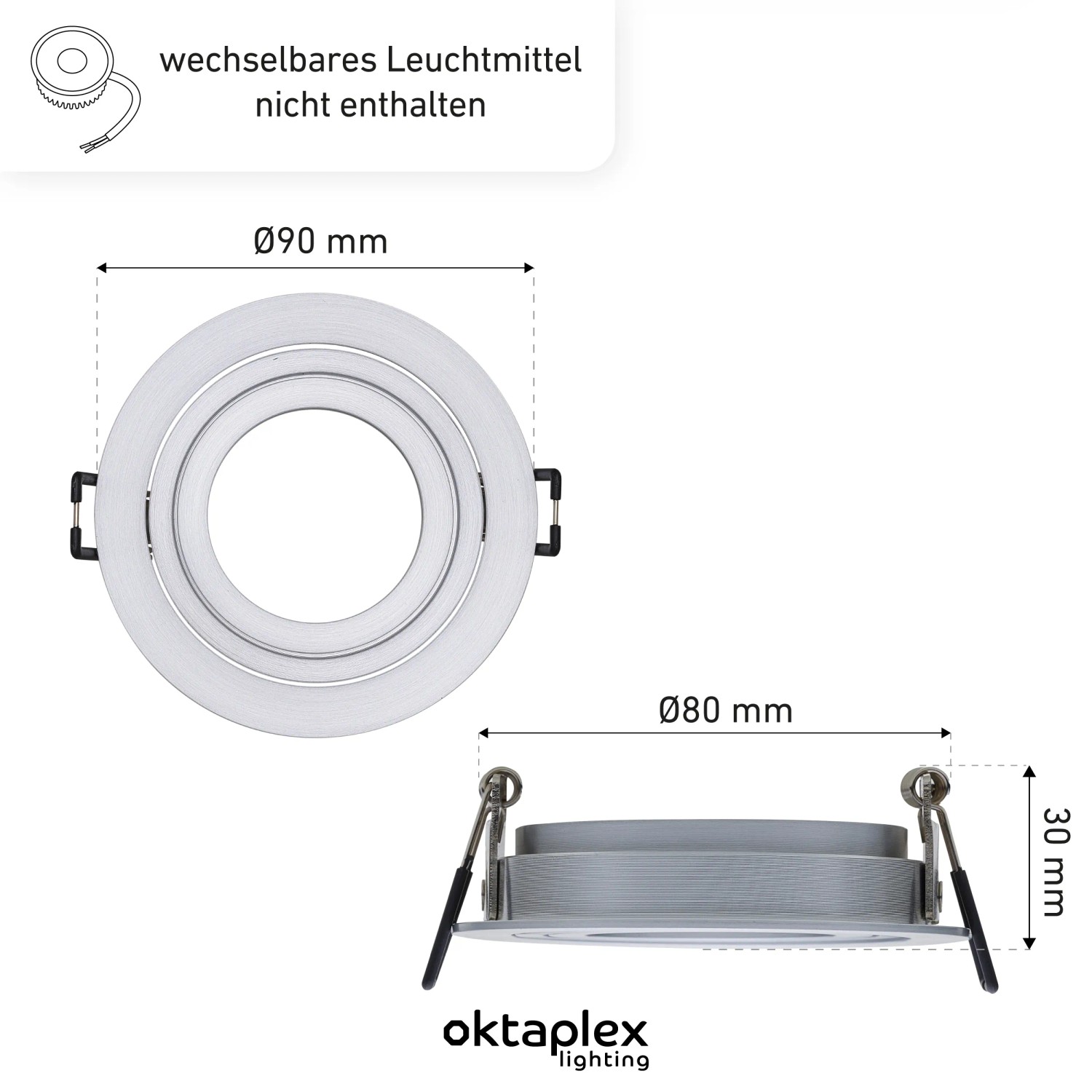Oktaplex Lyon Einbaustrahler, silber, rund, schwenkbar, Aluminium, Ø90x30mm. Für LED-Module, Leuchtmittel nicht enthalten.