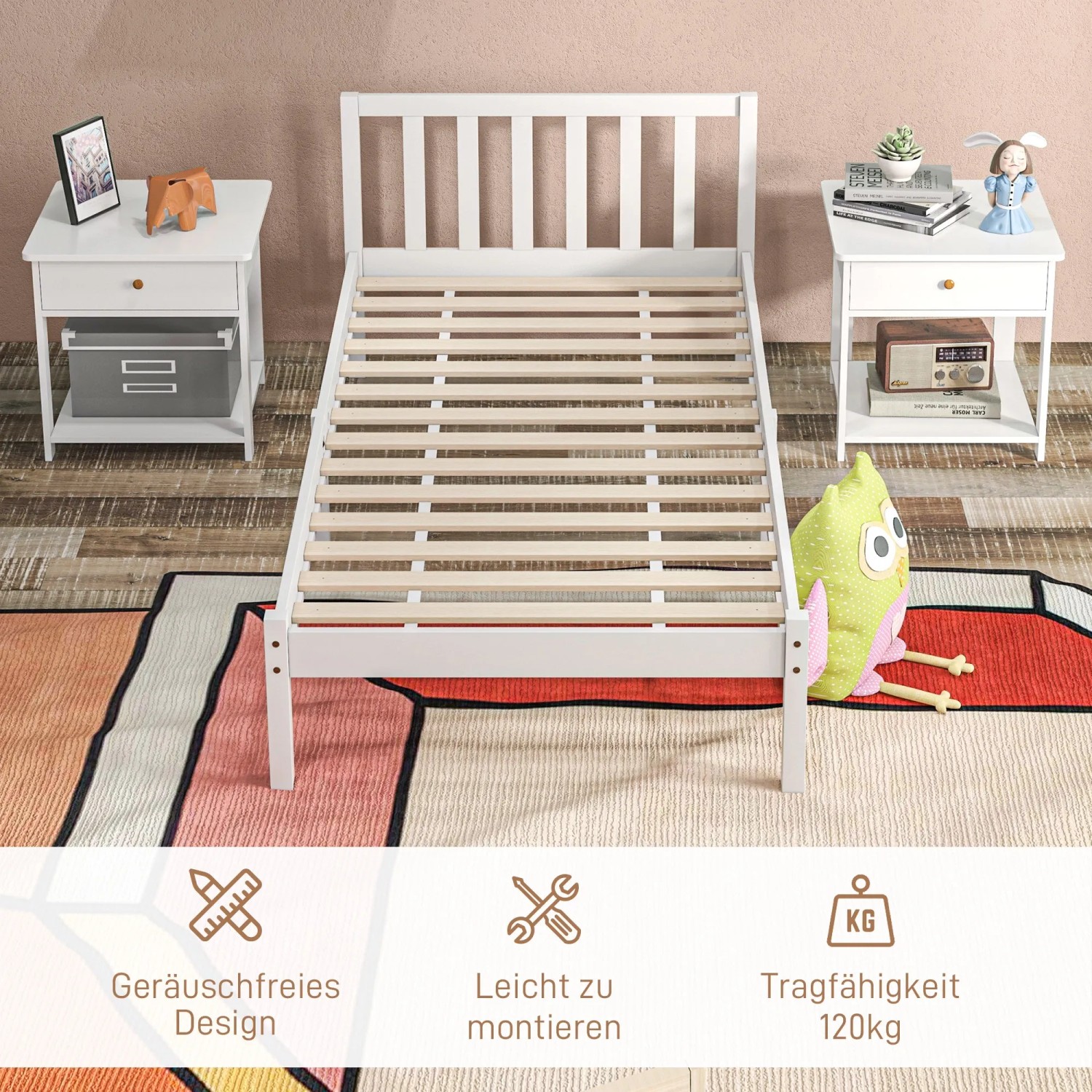 Weißes Holzbettgestell mit Lattenrost und Kopfteil von HOMCOM. Einzelbett für erholsamen Schlaf.