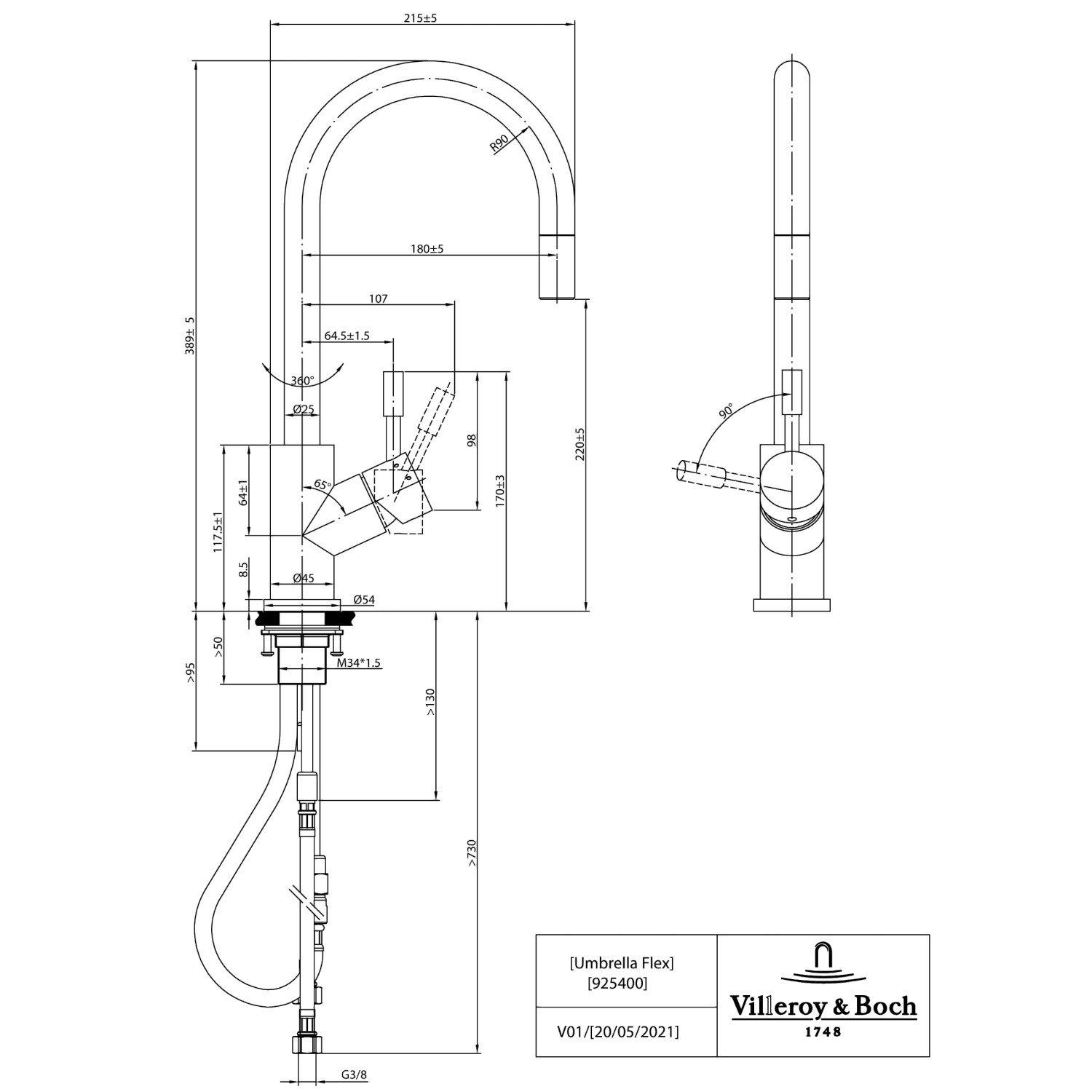 Villeroy & Boch Küchenarmatur Umbrella Flex Hochdruck-Armatur mit Ausziehbarer Brause Wassersparend Gold_8