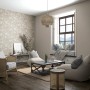 Wohnraum mit Marburg Vliestapete Botanica Floral Beige, floralem Muster und gemütlicher Einrichtung.