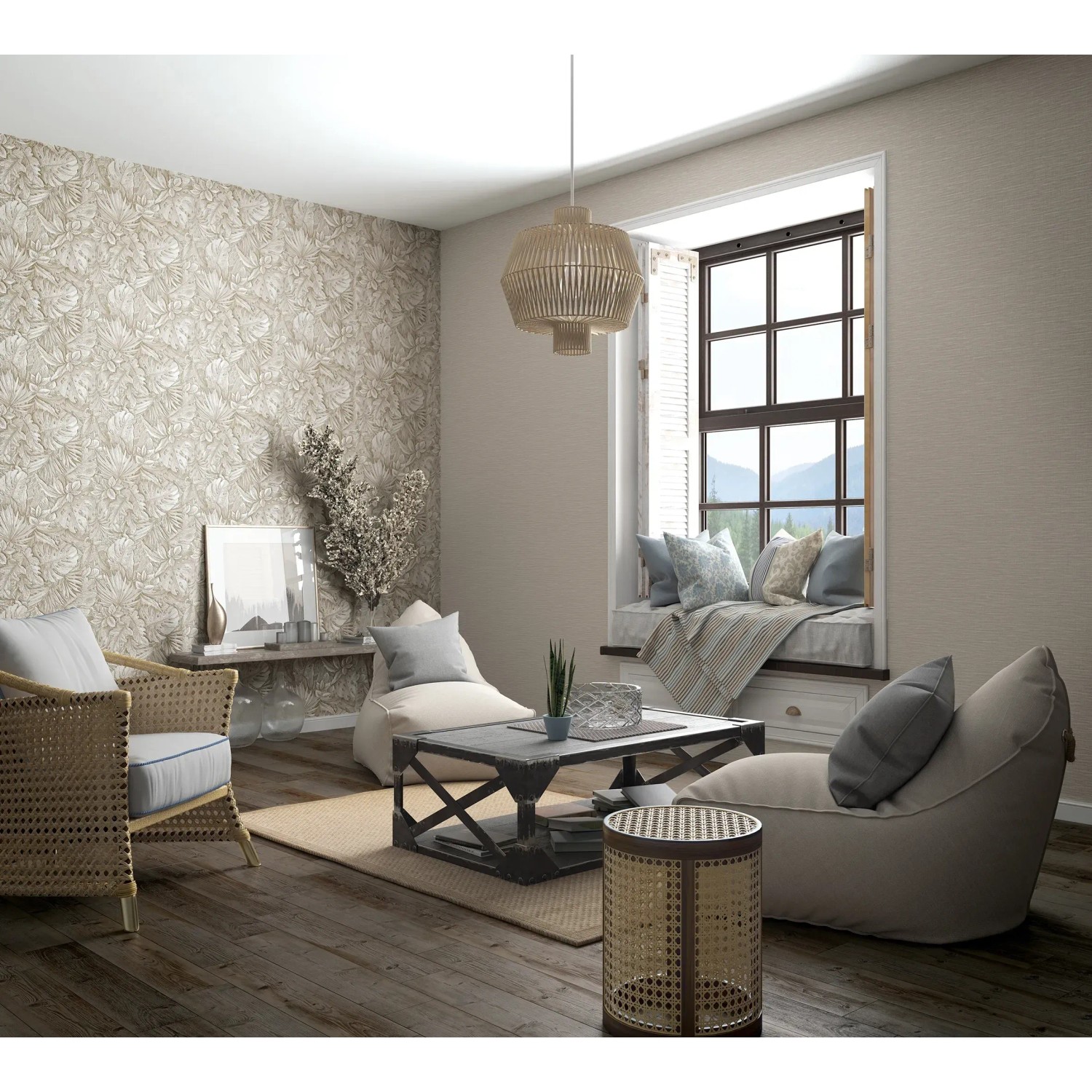 Wohnraum mit Marburg Vliestapete Botanica Floral Beige, floralem Muster und gemütlicher Einrichtung.