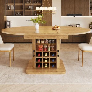 Merax Esstisch ausziehbar, naturbraun, mit integriertem Stauraum, Weinregal und Ablage für Gewürze. MDF-Tischplatte.