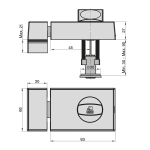 Detailzeichnung Basi Türzusatzschloss KS 500, Maße und technische Details.