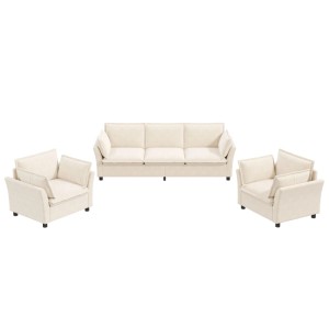 Beiges modulares Sofa Set aus Chenille: 3-Sitzer und 2 Sessel. Flexibel kombinierbar für hohen Komfort.