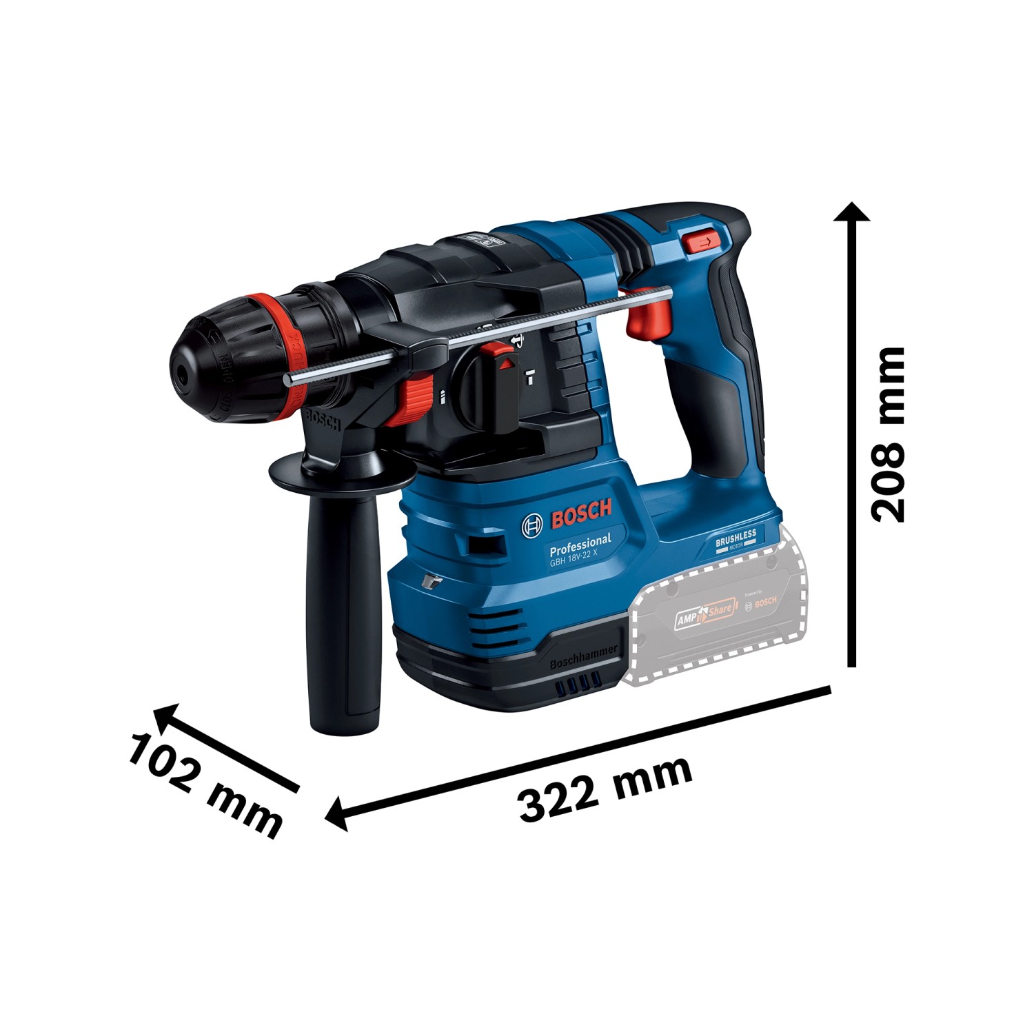 Bosch Professional Akku-Bohrhammer GBH 18V-18 X mit Onechuck, blau/schwarz, mit Maßangaben.
