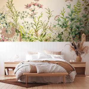 PROFHOME Fototapete Floral in Beige und Grün mit Blumenmuster im Landhausstil.