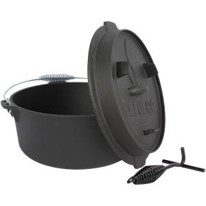 Schwarzer El Fuego Dutch Oven aus Gusseisen (7,2 l) mit Deckel (1,8 l) und Deckelheber. Grillutensil.