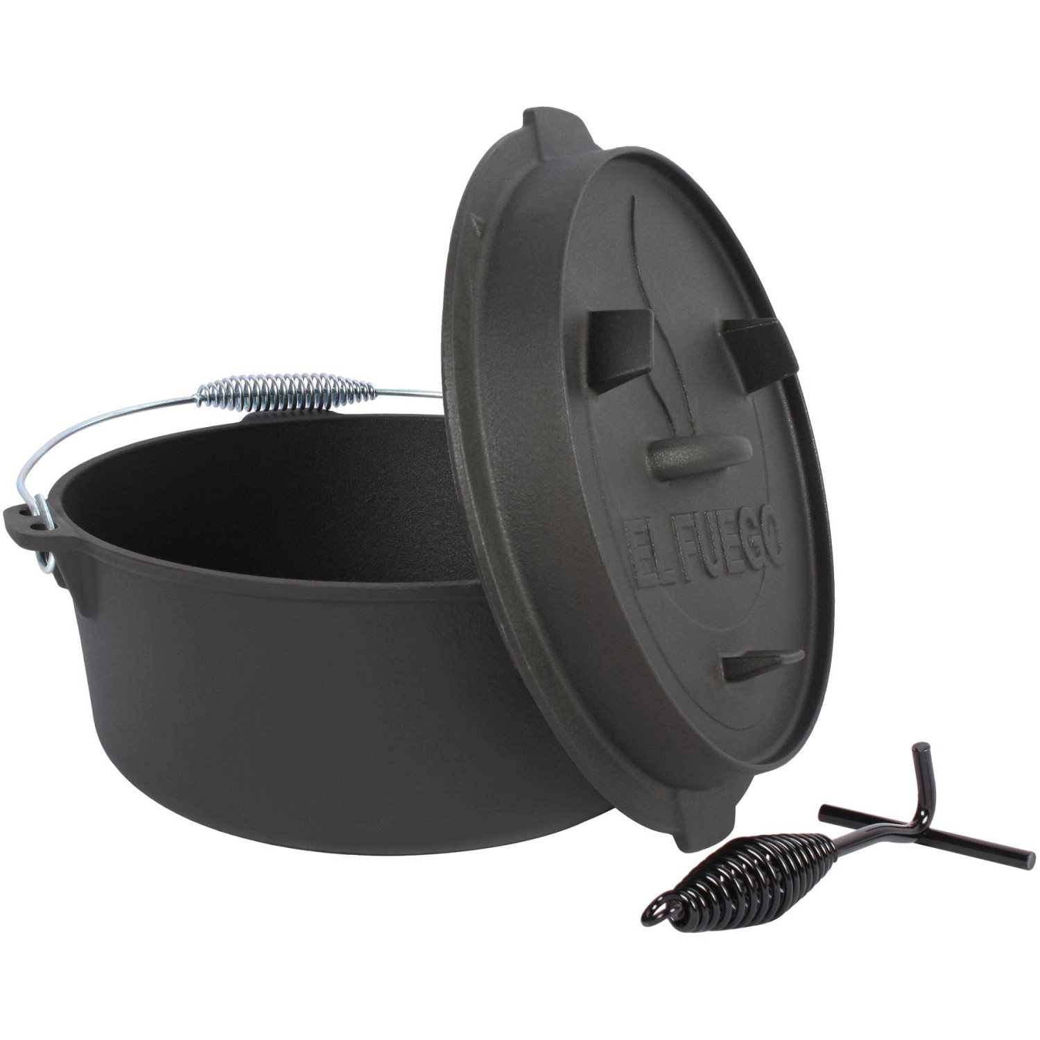 Schwarzer El Fuego Dutch Oven aus Gusseisen (7,2 l) mit Deckel (1,8 l) und Deckelheber. Grillutensil.