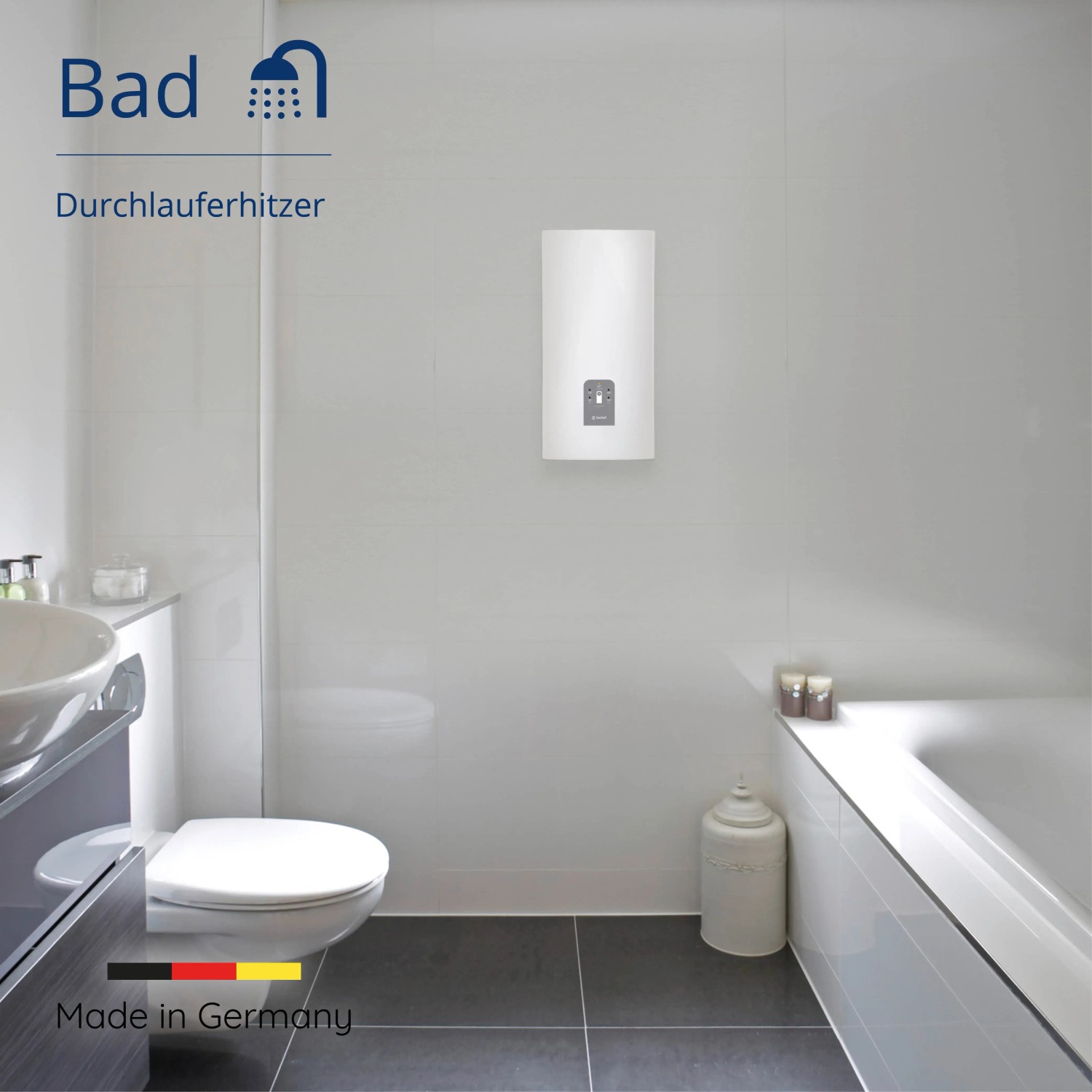 Saniself Durchlauferhitzer Premium (18-27kW) im Badezimmer an weißer Wand.