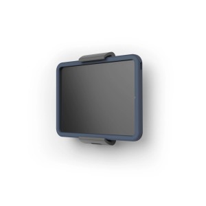 Durable Tablet Wandhalterung mit Hülle, silber/anthrazit. Tablet in blauer Schutzhülle an grauer Wandhalterung.