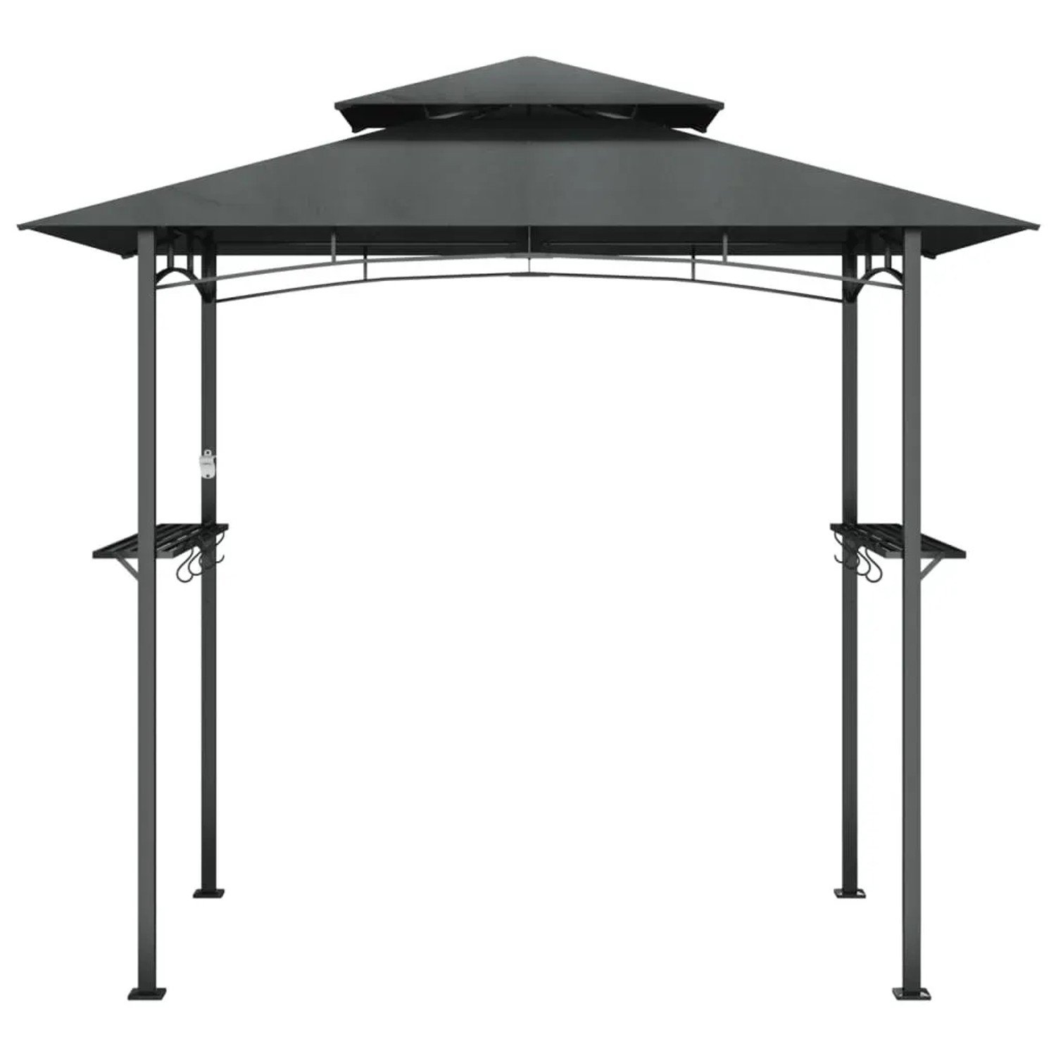Anthrazitfarbener Grillpavillon mit Stahlrahmen und Seitenregalen für Grillzubehör.
