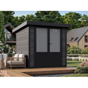 Modernes Fjordholz WPC Gartenhaus 2x2 mit Pultdach und Doppeltür im Garten.