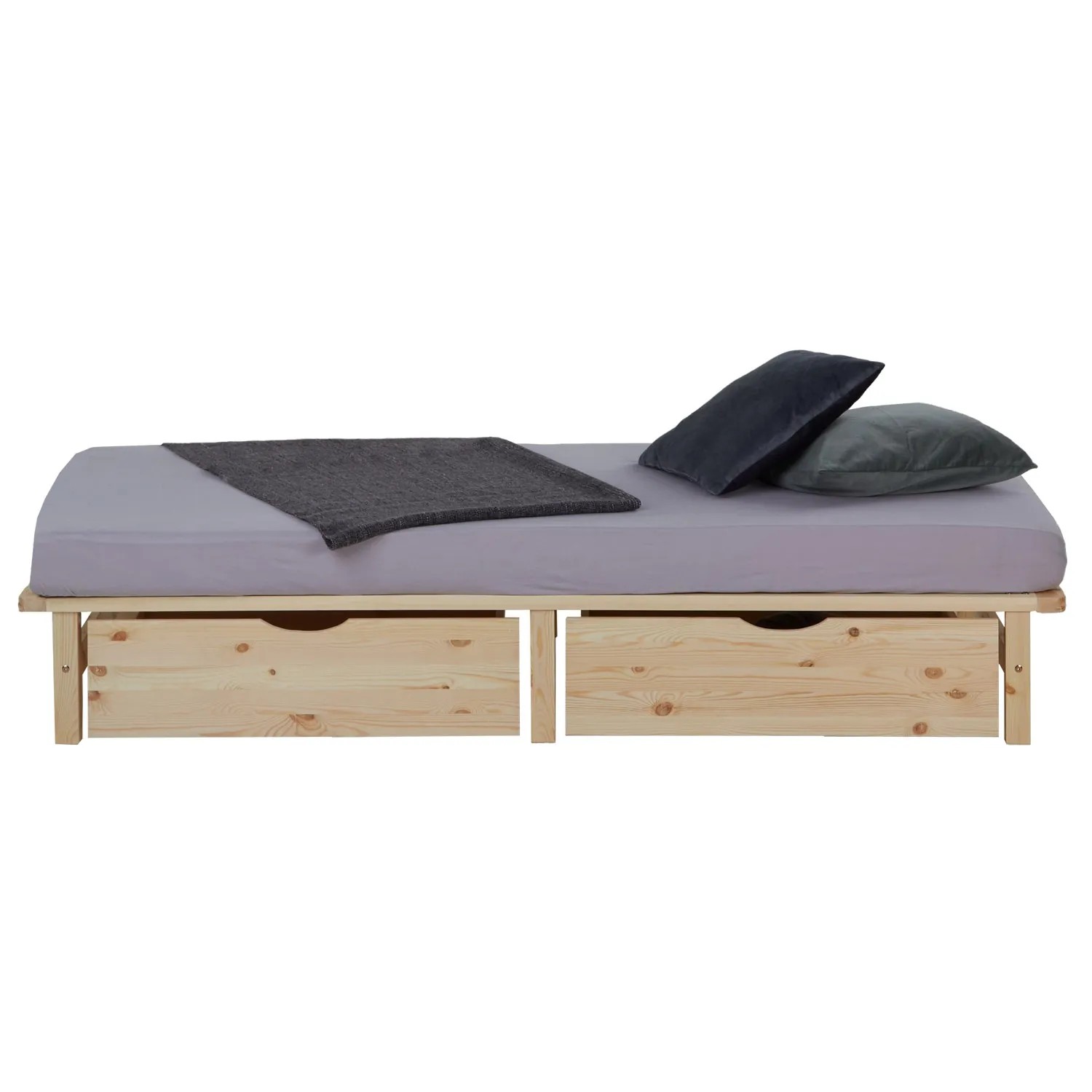 Homestyle4u Palettenbett 90x200 mit Matratze, Kiefernholz natur, inkl. Schubladen und Kissen.