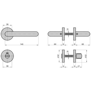 Technische Zeichnung: Basi Rosetten-Garnitur ZB 3100 Edelstahl U-Form WC/Bad Türbeschlag mit Maßen.