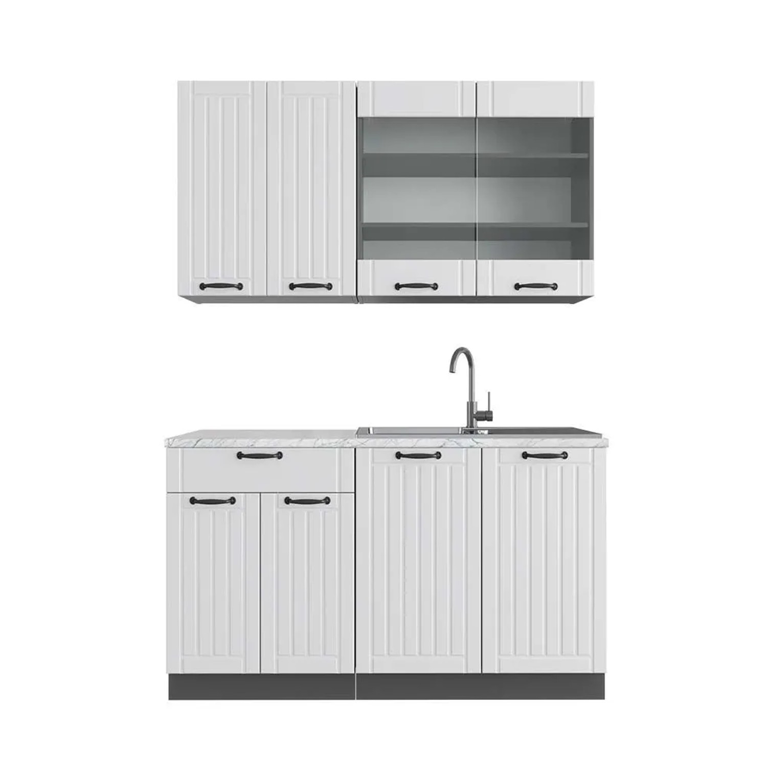 Vicco Fame-Line Singleküche Weiß Landhaus Anthrazit 140 cm AP Marmor ohne E-Geräte