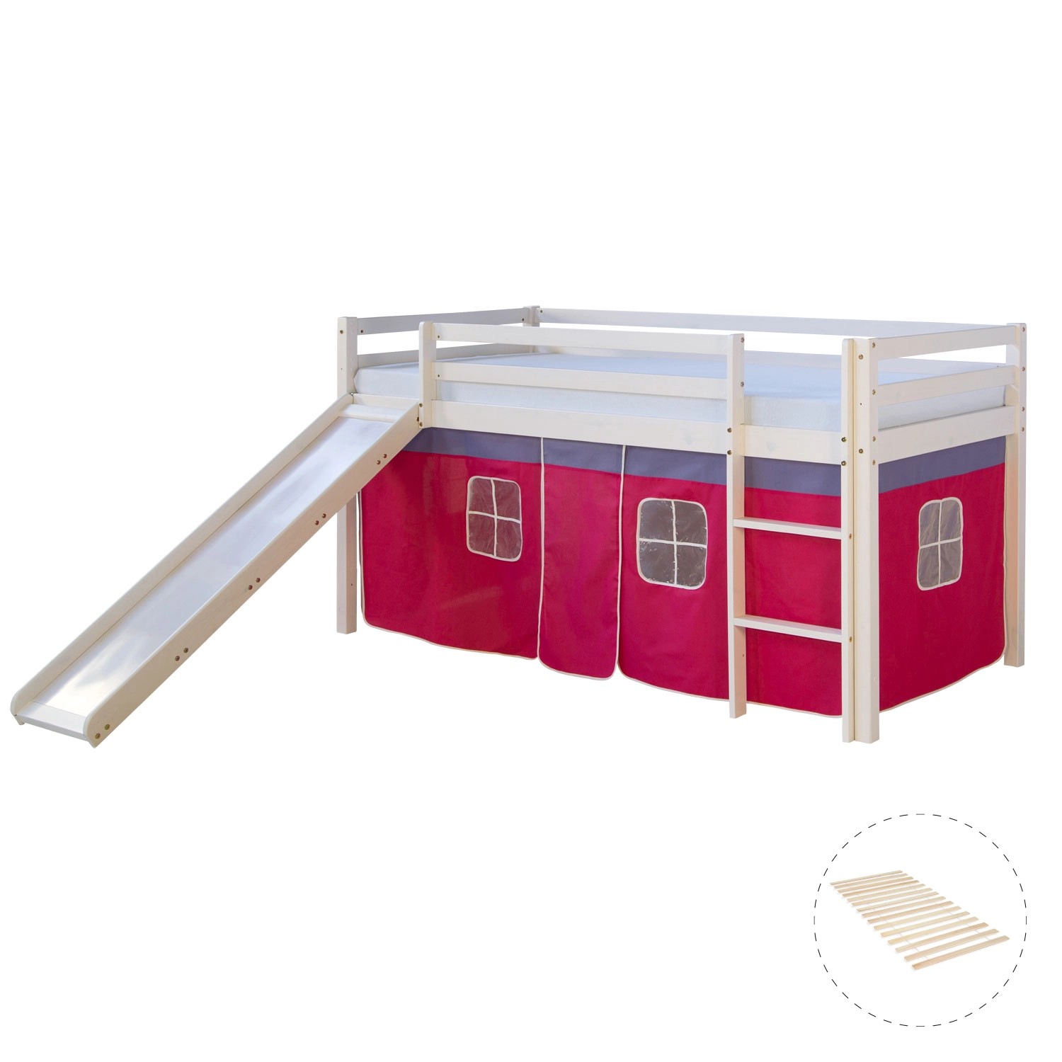 Homestyle4u Hochbett 90x200 mit Vorhang Lattenrost und Rutsche in Weiß 2576