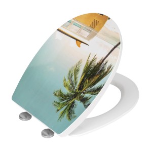 Wenko WC-Sitz Corbara High Gloss mit Strandmotiv, Palmen und Surf-Van.