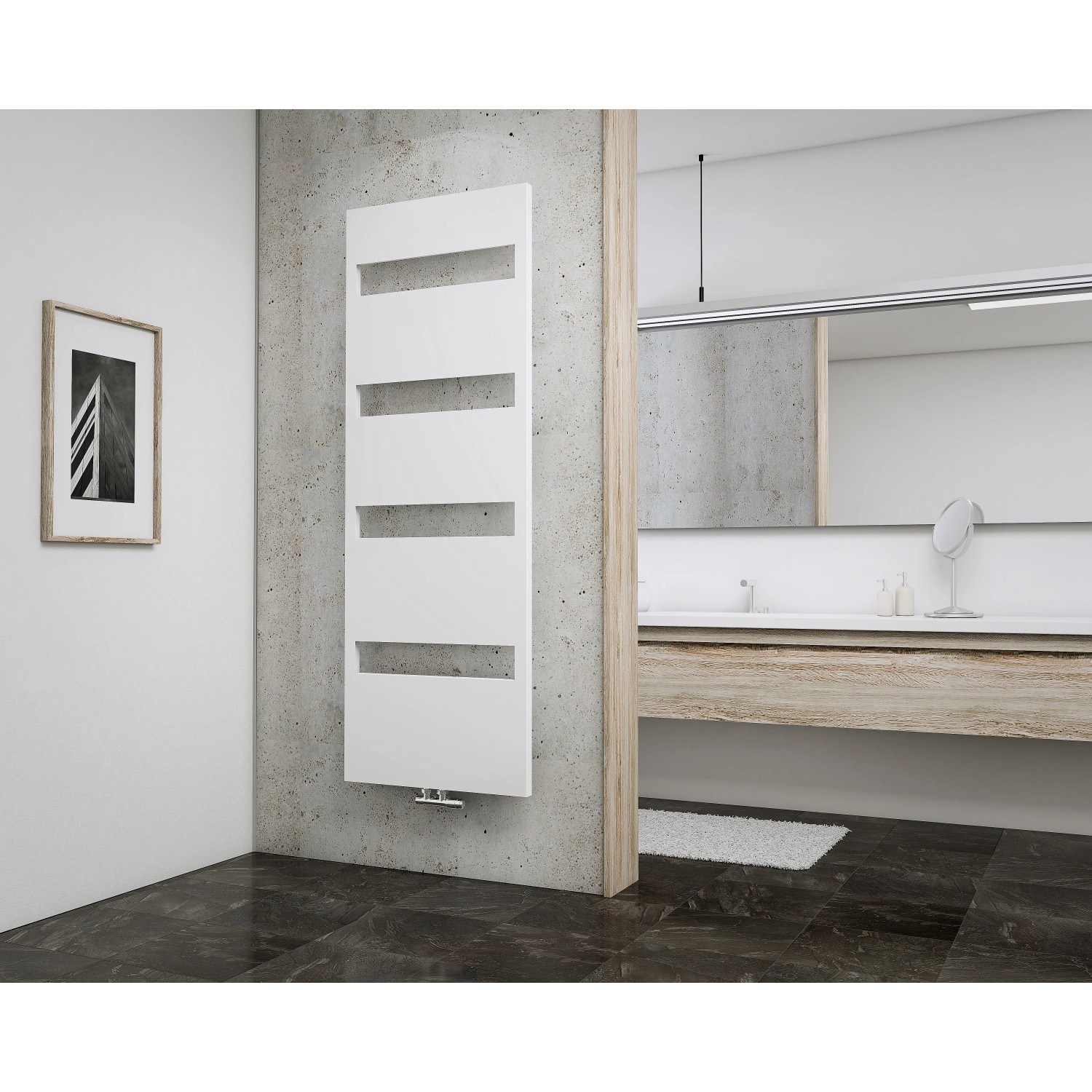 Schulter Design-Heizkörper Turin, alpinweißer Badheizkörper (170,3x60,5 cm, 691 W) im modernen Bad.